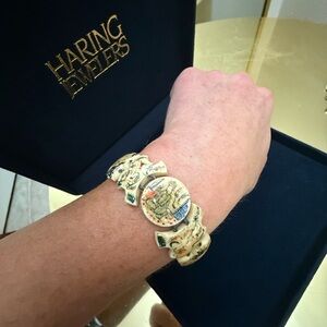 Antique Chinese? Carved Bone hand painted /sterling bracelet